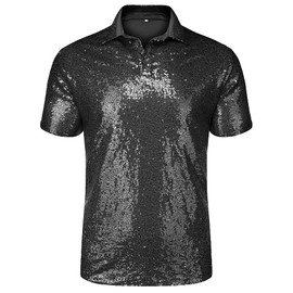 URRU Men's Relaxed Short Sleeve Turndown Sparkle Sequins Polo 70s Disco Nightclub Party Shirts Tops Black XXL