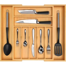 9 Compartimentos Bandeja para Cubiertos Expandible de Bambú,Organizador de cocina ajustable 100% de bambú EcoFriendly,Bandeja de Madera para Cajón,Multiusos para Almacenar y Ordenar. (-2)