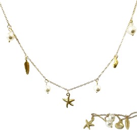 fKiZanthene Starfish Shell Charm Necklace - Stainless Steel Gold-Look Beach Design with Pearl Accents, 45cm Length for Women's Everyday Wear