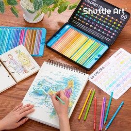 Shuttle Art Colored Pencils, 60-Color Set - Pastel Color Pens for Adult Coloring, Illustration, Design, Sketch, Graffiti, Macaron, with Tin Case and Color Chart Included - Convenient Storage, for