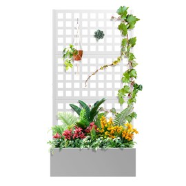 TUYOHW Metal Raised Garden Bed with Trellis for Climbing Plants, Vegetable, Vines,Metal Planter Box with Trellis 71"x35"x16",Trellis with Planter Box & Privacy Screen(White)