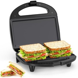 ABS07 Sandwich Maker, 2 Slice Grilled Cheese Maker with Non-stick Flat Plates, Indicator Lights, Cool Touch Handle, Easy to Clean and Store, 750 W - Style: Flat Plates