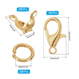PATIKIL Jewelry Making Accessories Set, 100 Pcs Lobster Clasp 200 Pcs Bead Tips Knot Covers 200 Pcs Open Jump Ring for Jewelry DIY, Light Gold