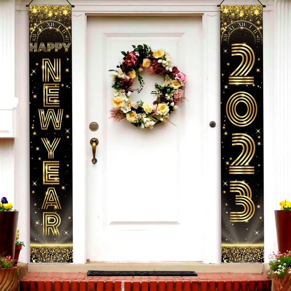 Large Happy New Year Banner - 72 X 12 Inch, Big 2 Pieces New Year Door Banner | New Year Sign for New Year Door Hanging Decorations | Happy New Year Decorations 2023, New Years Eve Party Supplies 2023