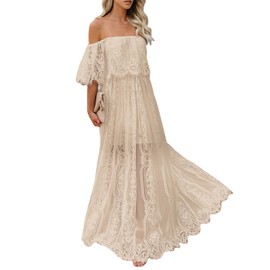 HOYISHION Women's Off The Shoulder Floral Lace Maxi Wedding Dress Boho Flowy Brides Bridesmaid Party Long Dress Apricot