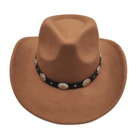 Cowboy Hat Women's Men's Western Hat Fedora Hat Wide Brim with Leather Strap, khaki