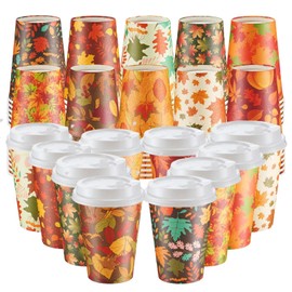 Sunnychicc 60 Pcs Fall Disposable Coffee Cups with Lids 12oz Maple Leaves Pumpkin Paper Cups Beverage Drinking Cup for Thanksgiving Harvest Autumn Party Restaurant Travel Business Supplies 10 Style