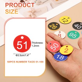 PATIKIL 50PCS Number Tags 51-100, Number Key Tags Plastic Numbered Keychain for Organizer Field Sales Hangers Clothes Labels ID, Red