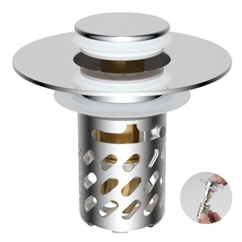 iFealClear Universal Metal Bathroom Sink Stopper, Pop Up Sink Drain Strainer with Removable Stainless Steel Hair Catcher Filter Basket, Drain Stopper for 1.1"-2.36" Basin, Brass Bounce Core,Chrome