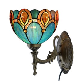 HWDFEI Tiffany Sconce Lamp Stained Glass Wall Lamp,8X10.5X11 Inch Plug in Wall Bedside Light for Hallway Bedroom (Peacock Crystal)
