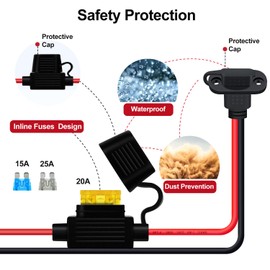 HuaLiSiJi SAE Power Socket Sidewall Port 12AWG SAE to O Ring Terminal Harness with Fuse 15A 20A 25A for Solar Accessories, Motorcycle, Car (1m)