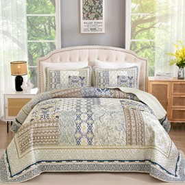 WONGS BEDDING Boho Quilt Set King, 3 Pieces Beige Patchwork Bedspread Coverlet Set,Soft Lightweight Microfiber Bohemian Floral Pattern Bedding Set with 2 Pillowcases for All Season (104"x 90")