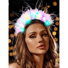 Catery Feather Headband Light Up Headbands Rave Costume Hair Accessories for Women (White)