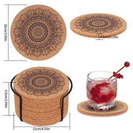 TOOINKCV Pack of 12 Cork Coasters, Glasses Coasters, Cork, 4 Inch Drink Coasters, Cup Coasters, Reusable Absorbent Coasters, Wooden Mandala for Coffee, Bar, Kitchen, with Metal Holder