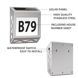 YOHAYO Solar Illuminated House Number 8 LEDs Solar House Number with Twilight Switch Made of Stainless Steel 3 Lighting Modes IP54 Waterproof Outdoor with Numbers 0-9 & Letters A-Z