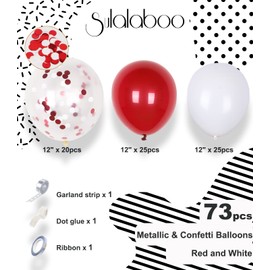 sulalaboo Sulalaboo Metallic Red and White Balloons 12Inch 73PCS White Red Confetti Latex Balloons Shiny Helium Balloon Set for Birthday Anniversary Graduation Party Decorations