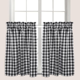 Cackleberry Home Black and White French Check Cafe Curtains Woven Cotton 28 Inches W x 36 Inches L, Set of 2