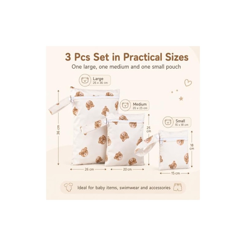 KIVORA 3 PCS Wet Bags for Babies - Bear Nappy