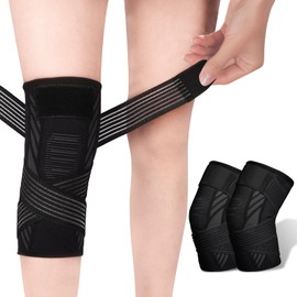 yeloumiss Knee Support Brace 2 Pack Compression Knee Sleeve with Straps Knee Bandage for Women Men for Sports, Arthritis, Joint Pain, Ligament Injury, Meniscus Tear, ACL, MCL, Tendonitis (Black, XXL)