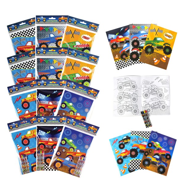 TINYMILLS Monster Truck Coloring Book Set with 12 Coloring Books and 48 Crayons Monster Truck Birthday Party Supplies Favor Bag Filler Carnival Prizes Rewards Classroom Party