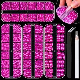 4 Boxes Flat Back Pearls Kit 11 Flatback Rose Red Half Round Pearls 3-10mm with Pickup Pencil and Tweezer for Home DIY and Professional Nail Art, Face Makeup and Craft