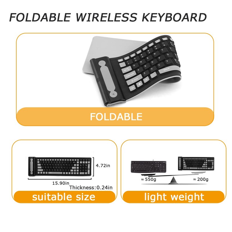Wireless Silicone Keyboard Foldable Rollup Flexible Keyboard Full Size 107