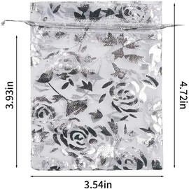 KIMOBER 100pcs Organza Gift Bags,Silver Rose Pattern Gift Wrap Bags with Drawstring Small Mesh Bags for Wedding Jewelry Baby Shower Party Favour Supply,3.5 X 4.7 Inch Silver Rose