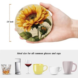 Aowced Drink Absorbent Coasters with Holder Set of 6, Ceramic Stone with Cork Base, Vintage Sunflowers Yellow Spring Flowers Coaster for Drinks, Gift for Housewarming Room Bar Home Decor Kitchen