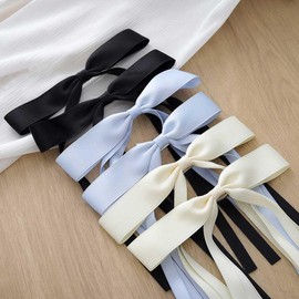 Jewemia Bow Hair Clips Satin Hair Ribbons Cute Hair Clips Hairpin Hair Accessories For Women And Girls 6 Pcs (Black,Beige,Blue)