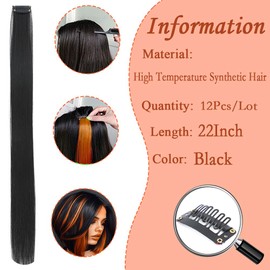 Eravauly Black hair extensions 22 Inch colorful Straight colored hair 12 Pcs clip in extensions Highlight Party for Kids Girls and Women Gift (Black, E-12)