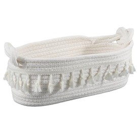 SOFPLATE 12.6 x 6.9 x 4 Inch White Cotton Baskets Boho Woven Basket Small Macrame Rope Tassel Bohemian Style Storage Organizing Box Bin for Home Bedroom Nursery Living room Entryway DIY Decoration