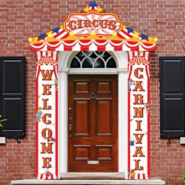3Pcs Carnival Circus Porch Sign Banner Circus Party Awning Hanging Banner Carnival Welcome Door Decorations Front Door Wreath Banner Hanging Yard Sign