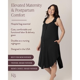 Kindred Bravely Ruffle Strap Labor and Delivery Gown | 3 in 1 Labor, Delivery, Nursing Gown for Hospital (Black, X-Small/Small)