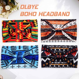 Olbye African Print Headbands Wide Stretch Headwrap Turban Knotted Non Slip Hairbands Yoga Running Athletic Head Bands Workout Boho Head Scarfs Hair Accessories for Women 4Pcs (African A, 9.4*5.9'')