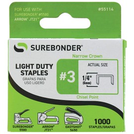 Surebonder 55114 Light Duty 1/4-Inch Leg Length, .441-Inch Crown Staples, Arrow JT21 Type, 1000 Count