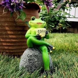 OwMell Frog Statue for Garden, Drinking Coffee Green Frog Figurine for Outdoo...