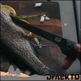 DFACKTO Interceptor 7.5 Inch Fillet Knife for Camping and Outdoor Kitchen, Stonewashed High Carbon Stainless Steel Black Knife, Full Tang Tactical G10 Handle, BBQ Utensil Cutlery