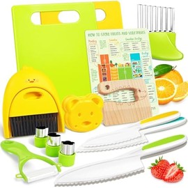 Suhctuptx Kids Knife Set For Real Cooking, Kids Kitchen Knives with Cutting Board Crinkle Cutters Food Conversion Chart & Cleaning Tools, Christmas Birthday Gifts Toddler Toys for Girls Boy Age 2-10