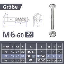 ORTAVA Carriage Bolts M6 x 60 Galvanised DIN 603 (Pack of 20), with Hex Flange Nut, Made of Carbon Steel, Round-Head Screws