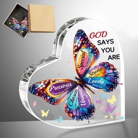 ORIGACH Christian Gifts for Women, Acrylic Heart Shaped Butterfly Inspirational Gifts for Female Friends Birthday, Spiritual Gift with Bible Verses Decorative Plaque Sign for Christian, 10x10 cm