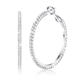 HAIAISO Silver Hoop Earrings for Women Girls,Sparkling Cubic Zirconia Big Hoop Earrings, Sterling Silver Hinged Earring Post, Hypoallergenic CZ Large Circle Earrings Jewellery 30/40/50/60mm