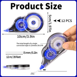 12 Pieces Correction Roller Mouse, 5 mm x 12 m Correction Mouse with Protective Cap Correction Tapes Correction Tape Set Stationery for Students Teachers Office Home (Blue)