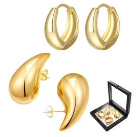 Aretes Mujer - 2 pares de Aretes Dorados Gruesos - Aretes de Gota de Lágrima y arete de Aro - Aretes de Oro Acero Inoxidable para Mujer Joyería de Regalo