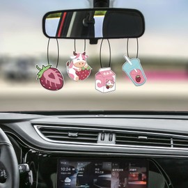 4 Pcs Bubble Tea Strawberry Milk Car Air Fresheners, Strawberry Funny Hanging Car Air Fresheners Cute Car Mirror Scented Hanging Car Decoration Ornaments Gift Car Interior Decor Accessories for Men Women