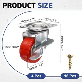 PATIKIL 1.5 Inch Caster Wheels, PVC Silent 360 Degree Swivel Plate Castors with Brake for Furniture Drawers Storage Bins DIY Project - 4pcs (Red)