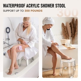 KUKGHWA Acrylic Small Shower Stool for Inside Shower - Waterproof Bathroom Stool Clear Shower Stool for Shaving Legs, Corner Round Stool with Anti-Slip for Small Spaces, 300 lb, Tool-Free Assembly
