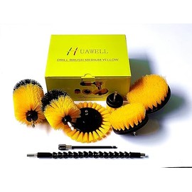 HUAWELL 8 Pack Drill Brush Power Scrubber Cleaning Brush Extended Long Attachment Set All Purpose for Bathroom Surfaces, Grout, Floor, Tub, Shower, Tile, Kitchen and Car (Yellow)
