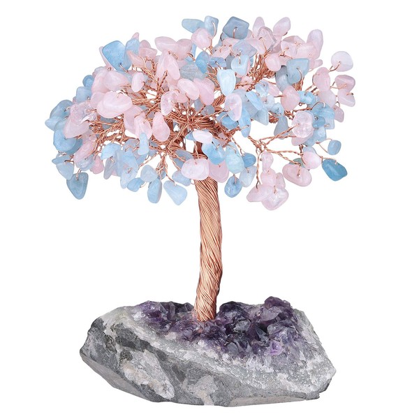 rockcloud Natural Rose Quartz Crystal Stone & Aquamarine Money Tree with Amethyst Quartz Crystal Cluster Base Bonsai Tree Feng Shui Desk Decoration for Wealth and Luck 4.5"-6"
