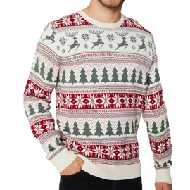 NOROZE Men's Christmas Prancing Reindeer Fairisle Crew Neck Xmas Jumper Cream