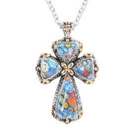 Shop LC Colorful Rainbow Cross Necklace for Women Christian Jewelry Yellow Gold Black Oxidized Murano Style Millefiori Glass Flower Stainless Steel Chain Size 20" Catholic Faith Religious Christmas